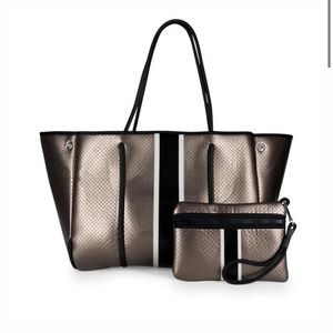 NWT Haute Shore GREYSON RITZ Tote Purse Pewter Metallic / Cream/Black Stripe Bag